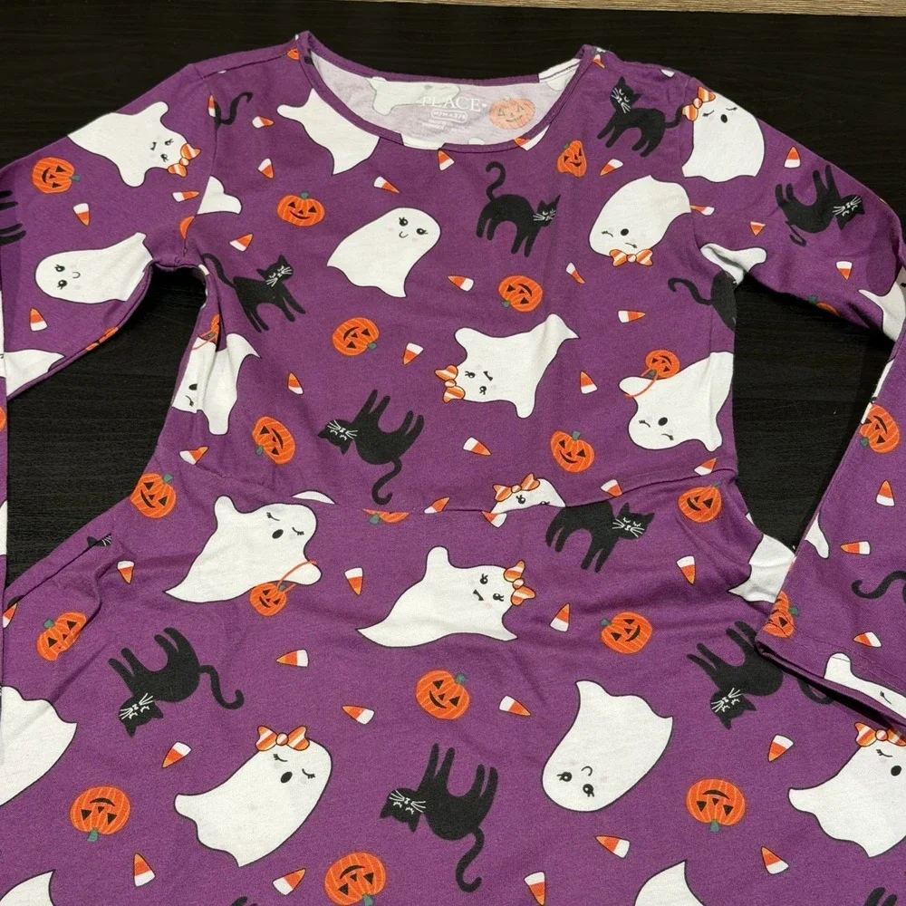 The Children's Place Girls Sz M 7/8 Halloween Fit Flare Knit Dress Ghosts Cats